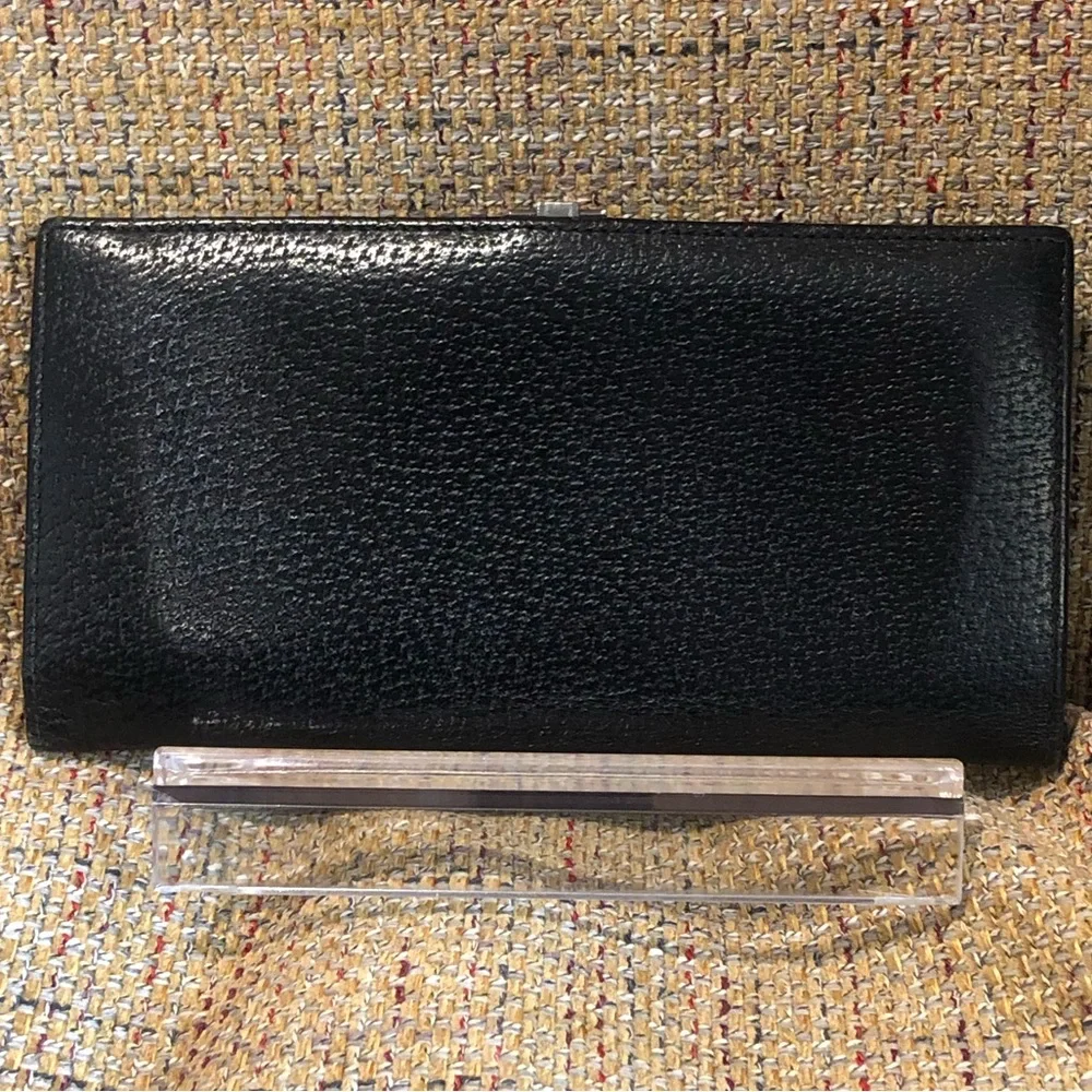GUCCI Black Lambskin Trifold Long Wallet with Silver G Money Clasp Vintage